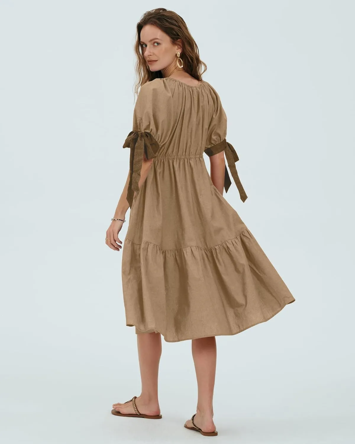 Locachy Womens Summer Short Sleeve Denim Cotton Maxi Dress Casual Flowy Tiered Boho Beach Dresses