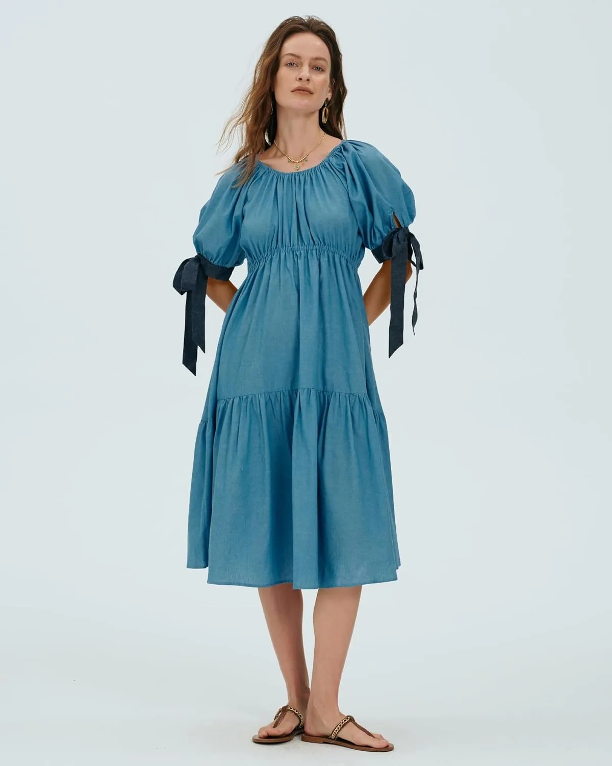 Locachy Womens Summer Short Sleeve Denim Cotton Maxi Dress Casual Flowy Tiered Boho Beach Dresses