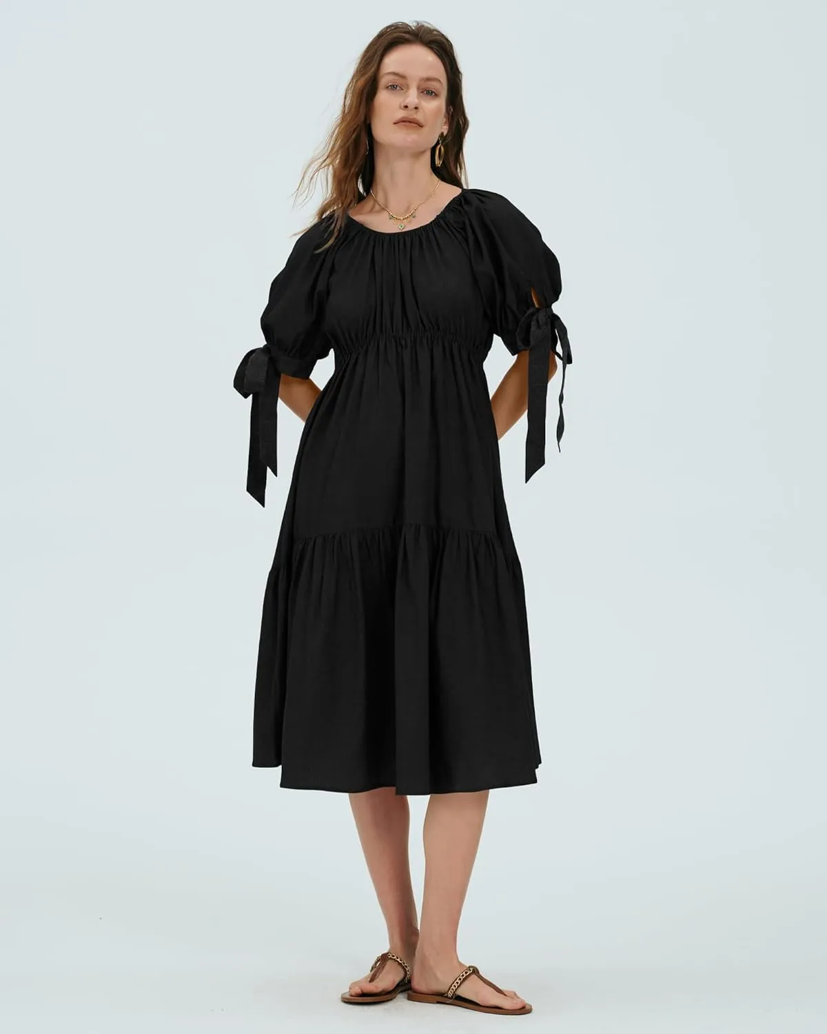 Locachy Womens Summer Short Sleeve Denim Cotton Maxi Dress Casual Flowy Tiered Boho Beach Dresses