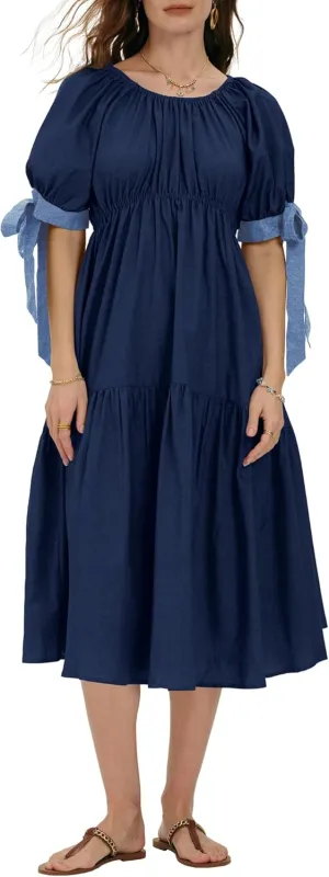 Locachy Womens Summer Short Sleeve Denim Cotton Maxi Dress Casual Flowy Tiered Boho Beach Dresses