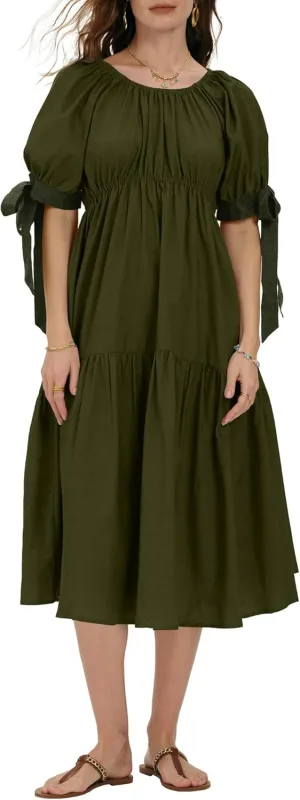 Locachy Womens Summer Short Sleeve Denim Cotton Maxi Dress Casual Flowy Tiered Boho Beach Dresses