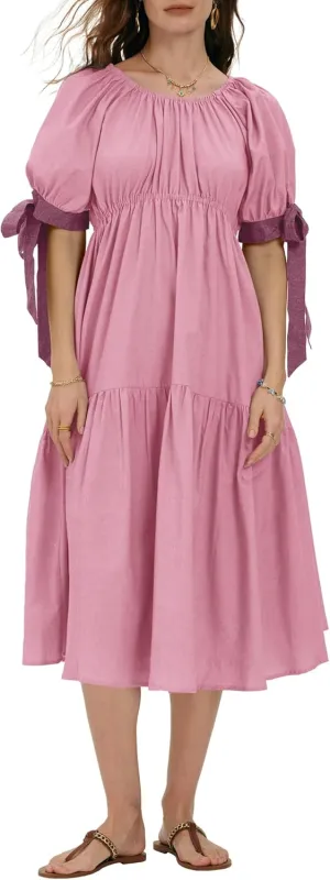 Locachy Womens Summer Short Sleeve Denim Cotton Maxi Dress Casual Flowy Tiered Boho Beach Dresses
