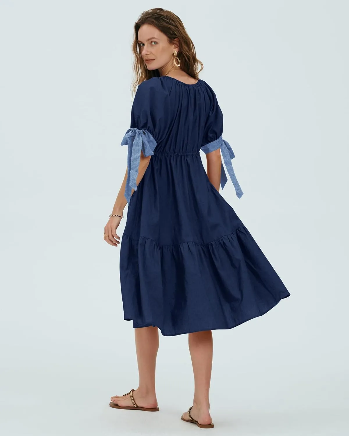 Locachy Womens Summer Short Sleeve Denim Cotton Maxi Dress Casual Flowy Tiered Boho Beach Dresses