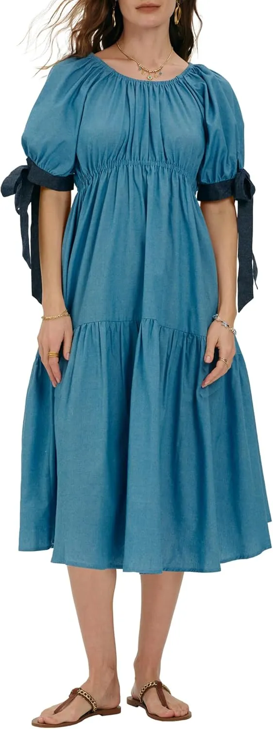 Locachy Womens Summer Short Sleeve Denim Cotton Maxi Dress Casual Flowy Tiered Boho Beach Dresses