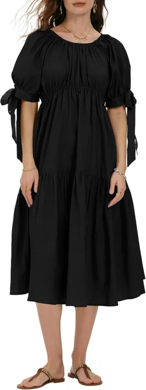 Locachy Womens Summer Short Sleeve Denim Cotton Maxi Dress Casual Flowy Tiered Boho Beach Dresses