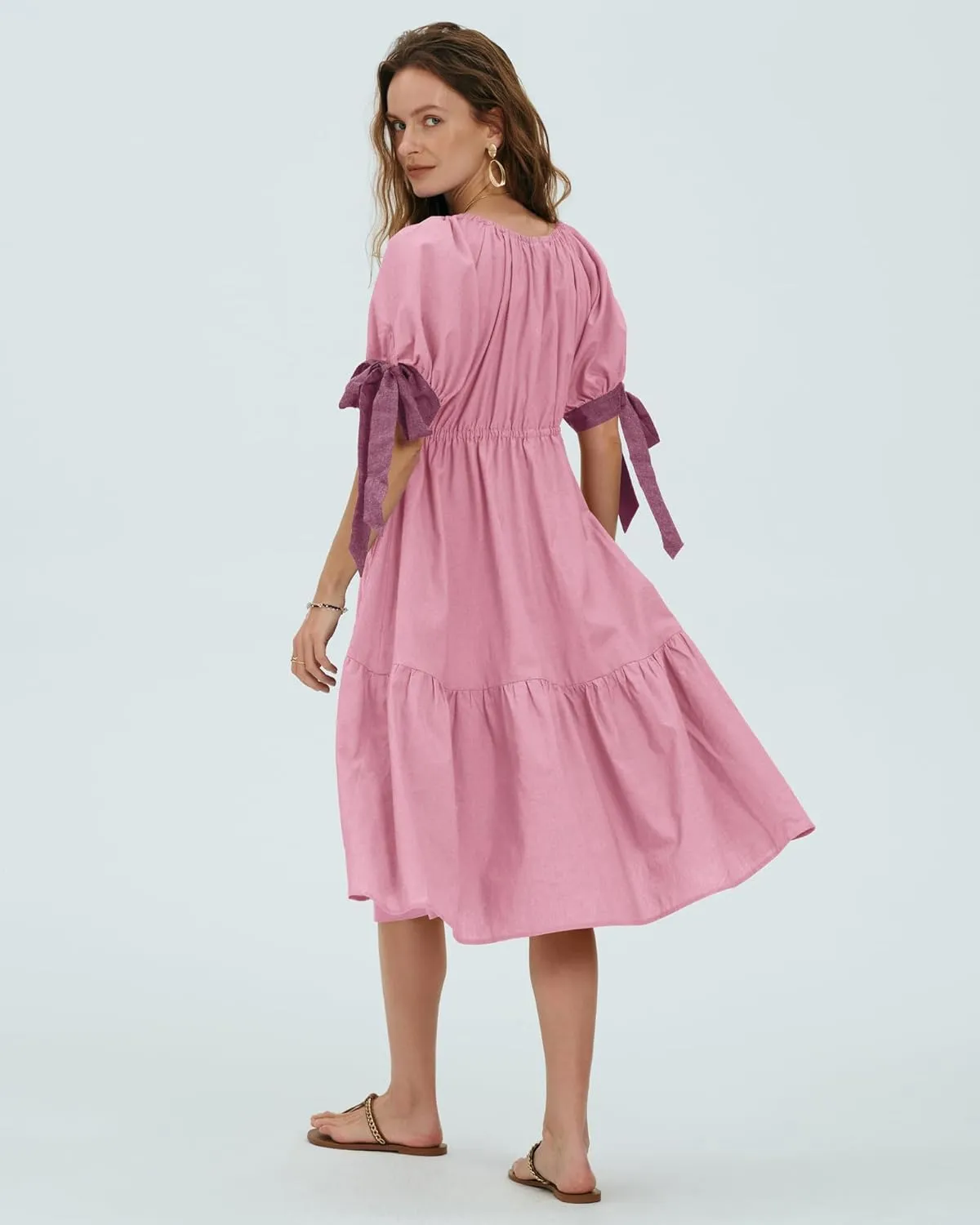 Locachy Womens Summer Short Sleeve Denim Cotton Maxi Dress Casual Flowy Tiered Boho Beach Dresses
