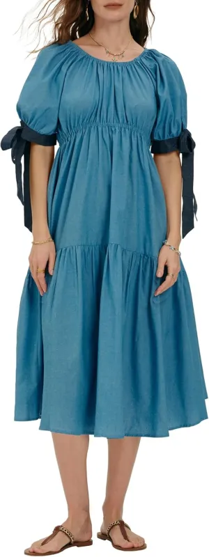 Locachy Womens Summer Short Sleeve Denim Cotton Maxi Dress Casual Flowy Tiered Boho Beach Dresses