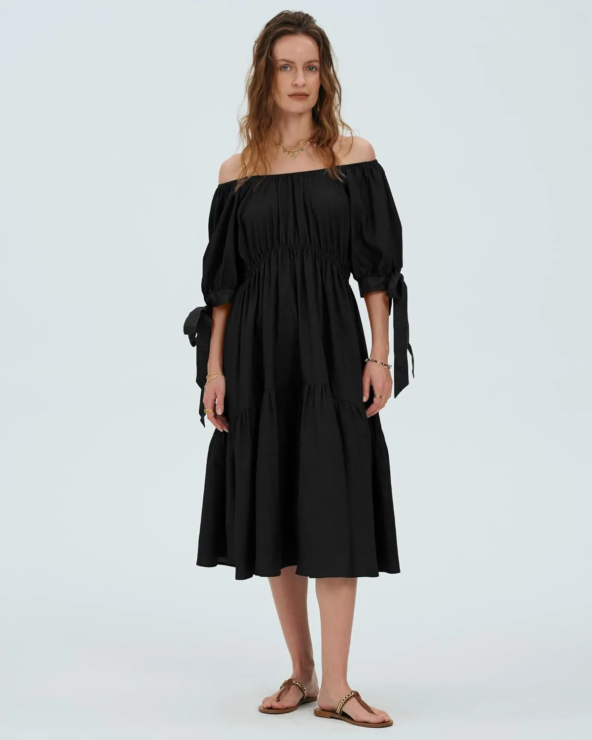 Locachy Womens Summer Short Sleeve Denim Cotton Maxi Dress Casual Flowy Tiered Boho Beach Dresses