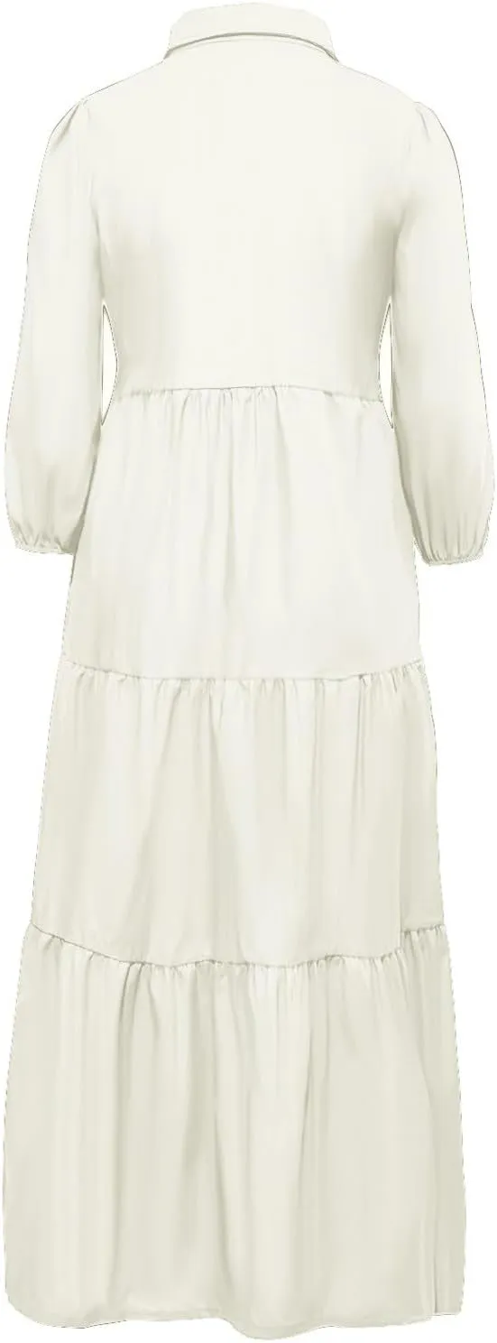 Long Flowy Fall Dresses for Women 2024 Fashion Long Sleeve Button Up Dress Elegant Solid Tiered Pleated Ruffle Dress