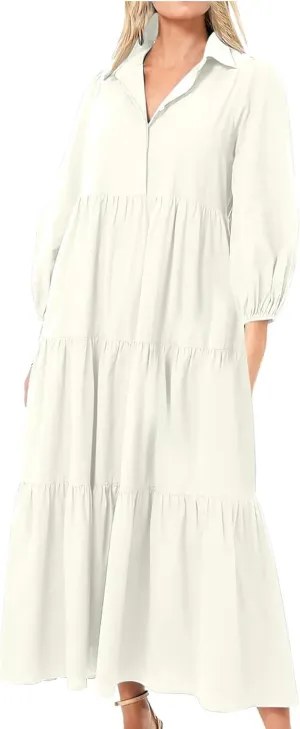 Long Flowy Fall Dresses for Women 2024 Fashion Long Sleeve Button Up Dress Elegant Solid Tiered Pleated Ruffle Dress