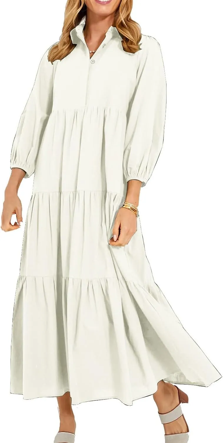 Long Flowy Fall Dresses for Women 2024 Fashion Long Sleeve Button Up Dress Elegant Solid Tiered Pleated Ruffle Dress