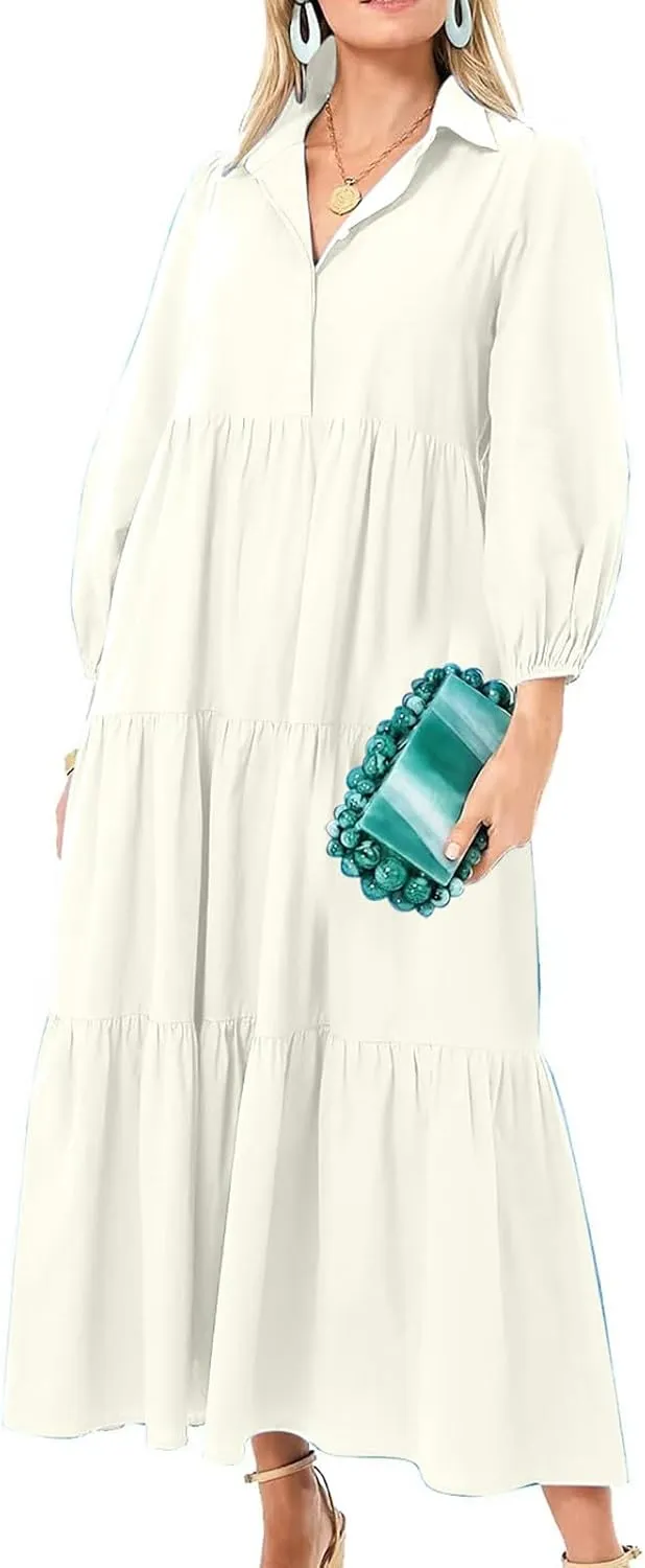 Long Flowy Fall Dresses for Women 2024 Fashion Long Sleeve Button Up Dress Elegant Solid Tiered Pleated Ruffle Dress