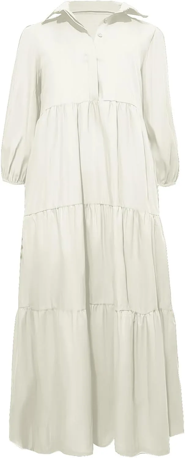 Long Flowy Fall Dresses for Women 2024 Fashion Long Sleeve Button Up Dress Elegant Solid Tiered Pleated Ruffle Dress