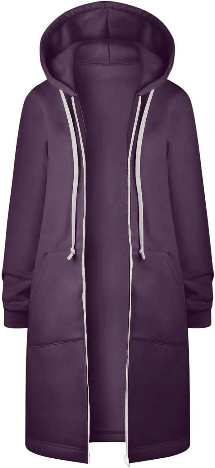 Long Hoodie for Womens Fashion Zipper Fleece Sweatshirts Oversized Jackets Coats Fall Winter Clothes with Pockets