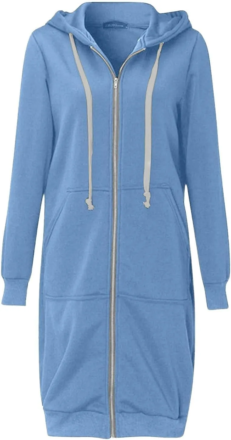 Long Hoodie for Womens Fashion Zipper Fleece Sweatshirts Oversized Jackets Coats Fall Winter Clothes with Pockets