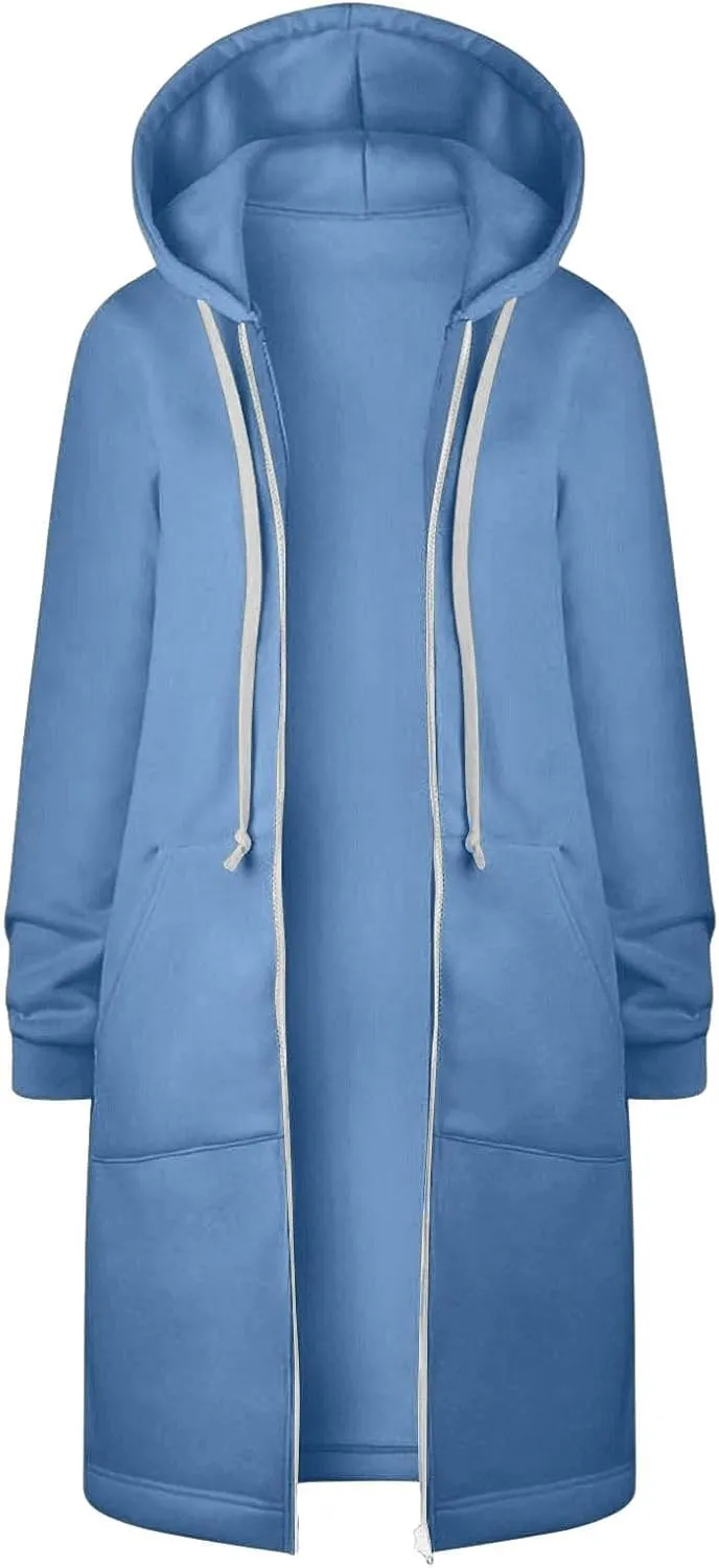 Long Hoodie for Womens Fashion Zipper Fleece Sweatshirts Oversized Jackets Coats Fall Winter Clothes with Pockets