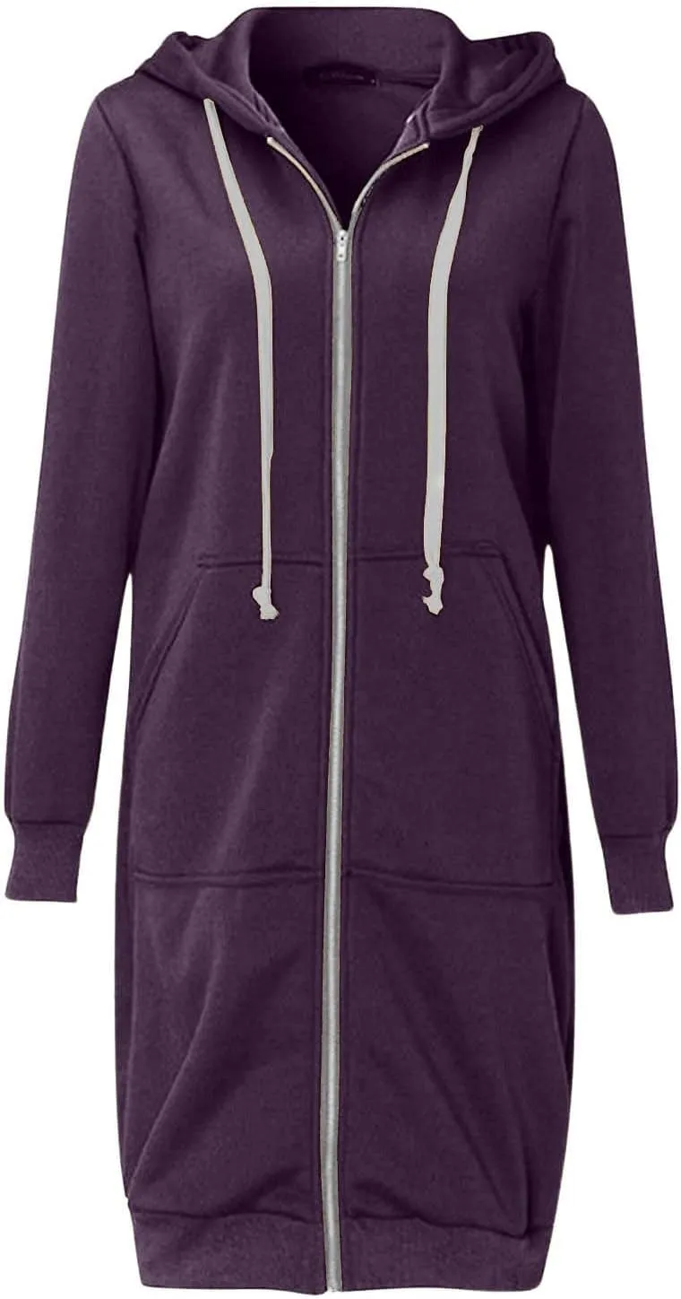 Long Hoodie for Womens Fashion Zipper Fleece Sweatshirts Oversized Jackets Coats Fall Winter Clothes with Pockets