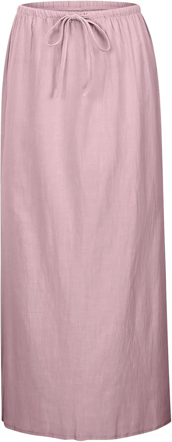 Long Linen Skirts for Women Drawstring High Waisteummer Boho A Line Maxi Skirt Flowy Vacation Casual Skorts