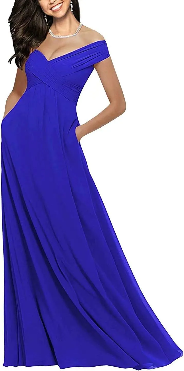 Lorderqueen Off Shoulder Bridesmaid Dresses Long Chiffon Evening Formal Gowns with Pockets