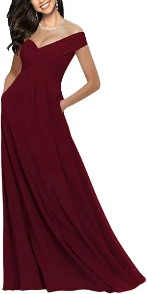 Lorderqueen Off Shoulder Bridesmaid Dresses Long Chiffon Evening Formal Gowns with Pockets