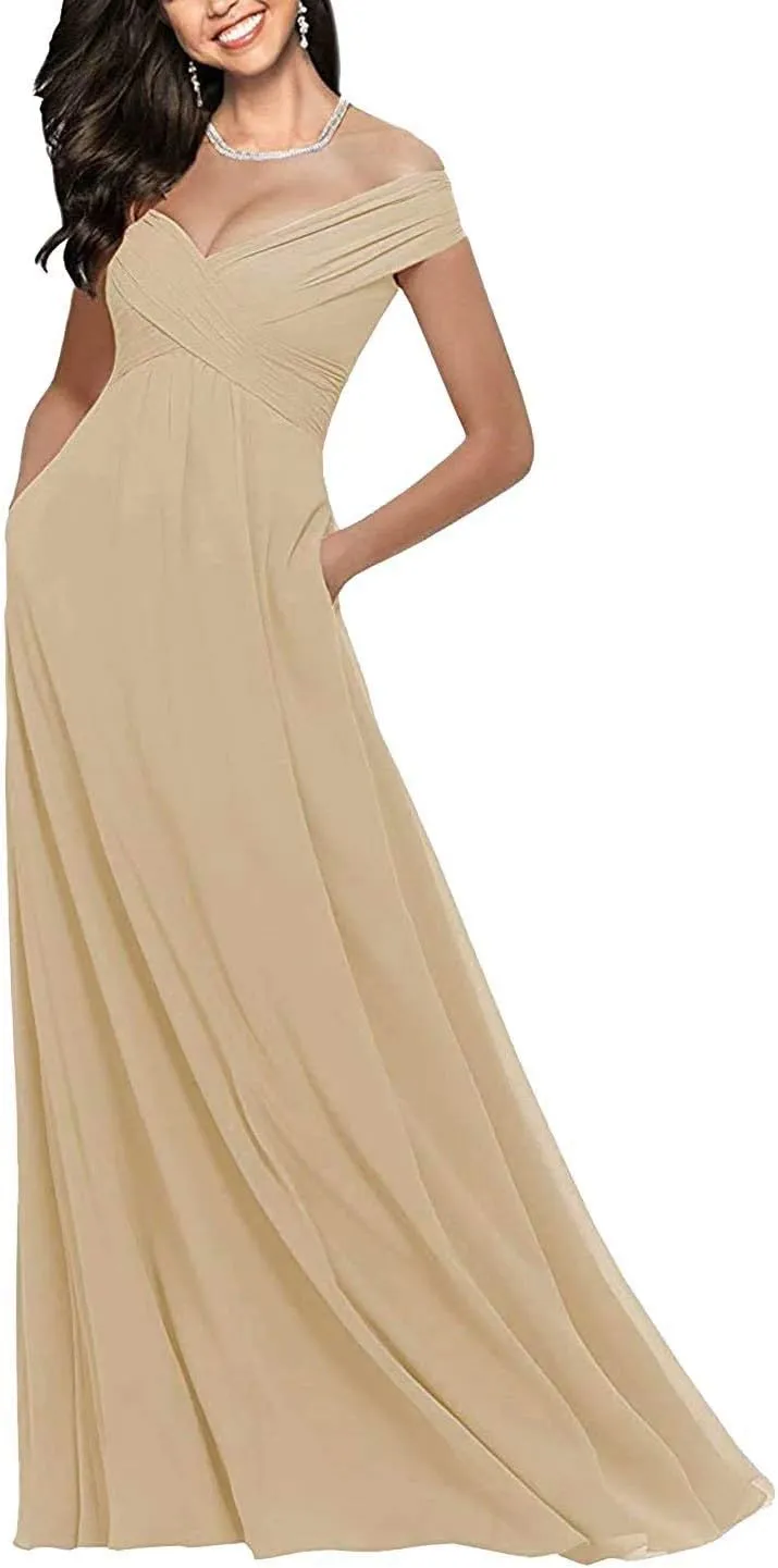 Lorderqueen Off Shoulder Bridesmaid Dresses Long Chiffon Evening Formal Gowns with Pockets