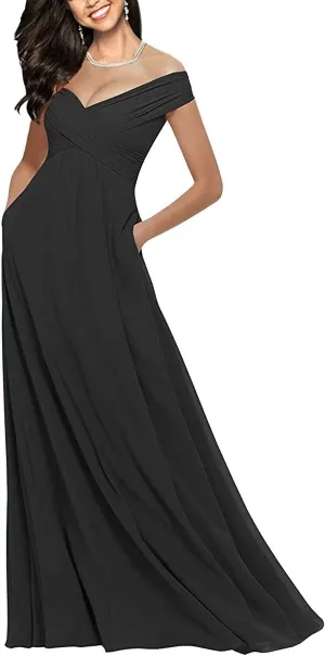 Lorderqueen Off Shoulder Bridesmaid Dresses Long Chiffon Evening Formal Gowns with Pockets