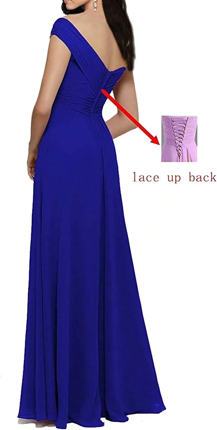 Lorderqueen Off Shoulder Bridesmaid Dresses Long Chiffon Evening Formal Gowns with Pockets