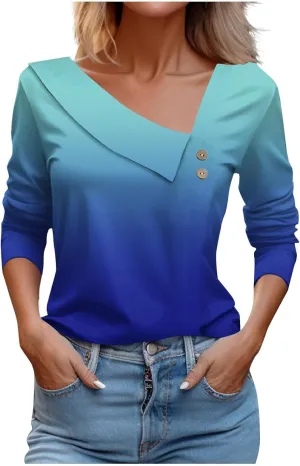 LRMQS Spring Tops for Women 2024 Trendy Casual Long Sleeve Asymmetric V Neck Button Blouses Dressy Woman Shirts Clothing