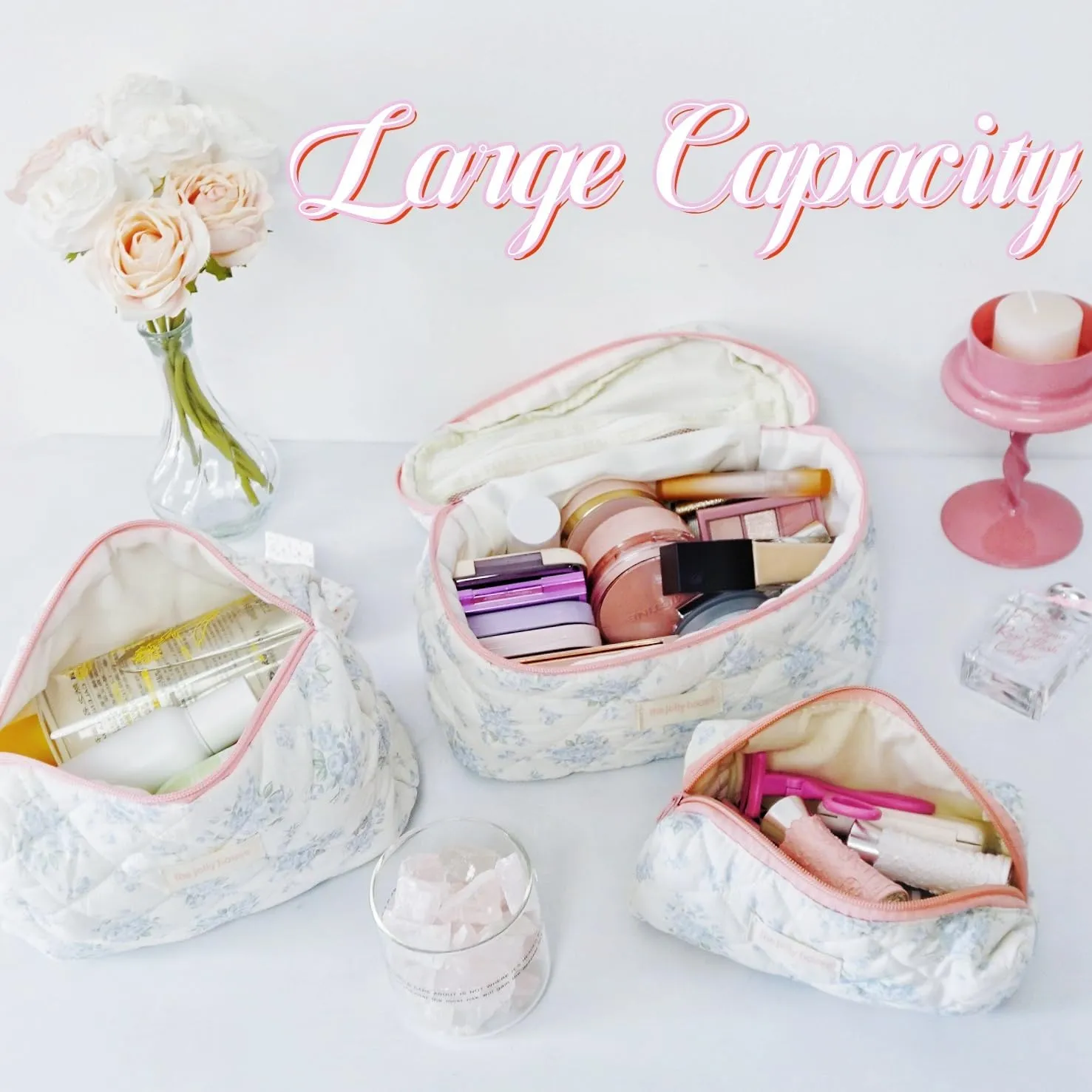 Makeup Bag,Floral Quilted Makeup Bag Set,3 Pcs Make Up Bags for Traveling,Cosmetic Bag for Women,Large Travel Makeup Bag,Aesthetic Coquette Pouch,Cotton Makeup Pouch (Blue Flower)