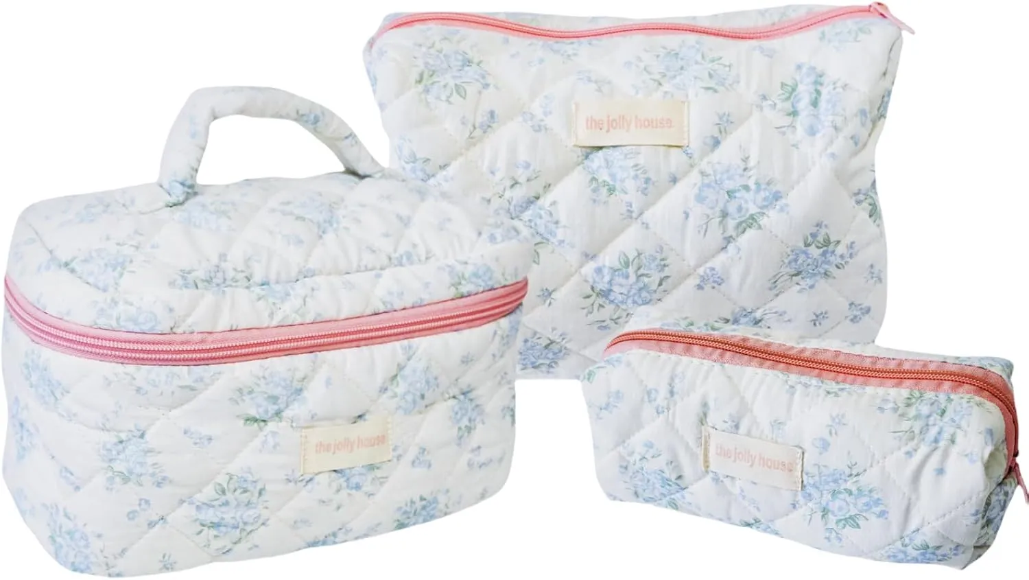 Makeup Bag,Floral Quilted Makeup Bag Set,3 Pcs Make Up Bags for Traveling,Cosmetic Bag for Women,Large Travel Makeup Bag,Aesthetic Coquette Pouch,Cotton Makeup Pouch (Blue Flower)