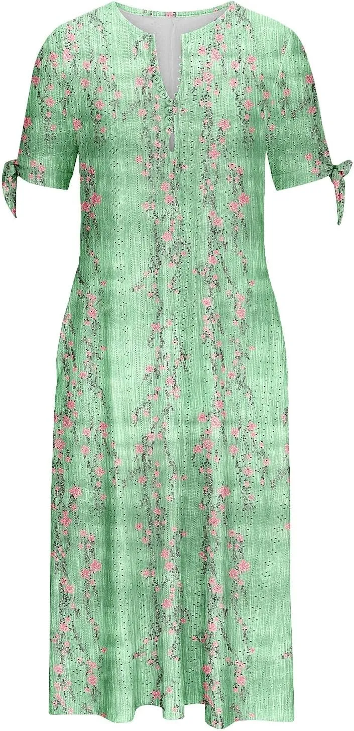 Maxi Dresses for Women 2025,Eyelet Beach Vacation Floral Boho Short Sleeve Plus Size Summer Dresses Flowy Sundresses