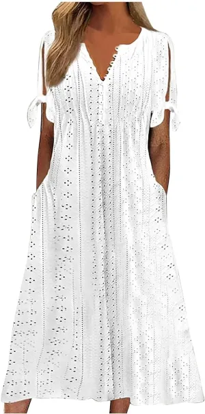Maxi Dresses for Women 2025,Eyelet Beach Vacation Floral Boho Short Sleeve Plus Size Summer Dresses Flowy Sundresses