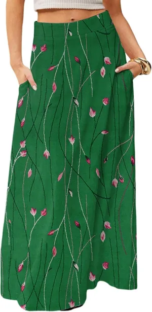 Maxi Floral Skirts for Women Trendy Summer Boho High Elastic Waist Skirts Long Flowy Skorts with Pockets A Line Skirt