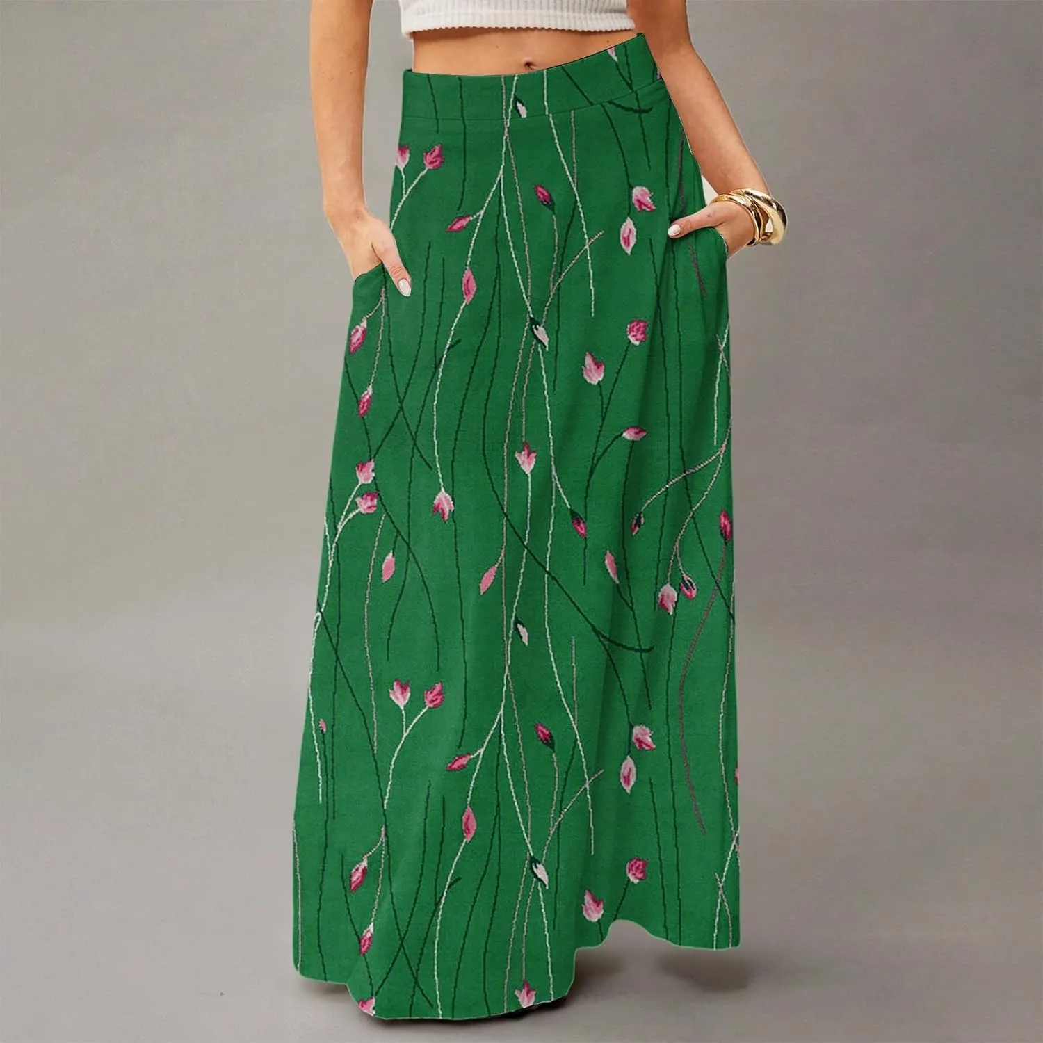 Maxi Floral Skirts for Women Trendy Summer Boho High Elastic Waist Skirts Long Flowy Skorts with Pockets A Line Skirt