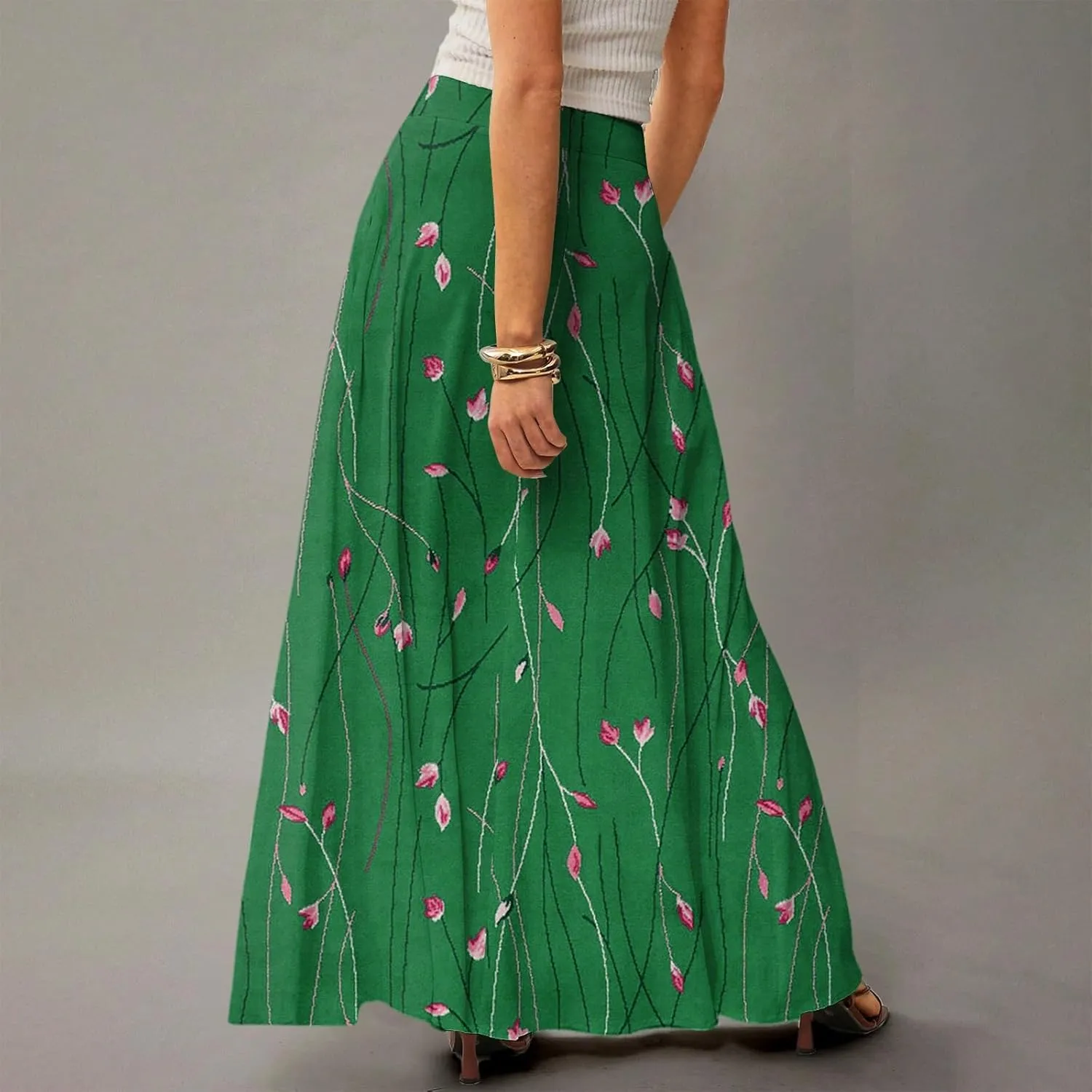 Maxi Floral Skirts for Women Trendy Summer Boho High Elastic Waist Skirts Long Flowy Skorts with Pockets A Line Skirt