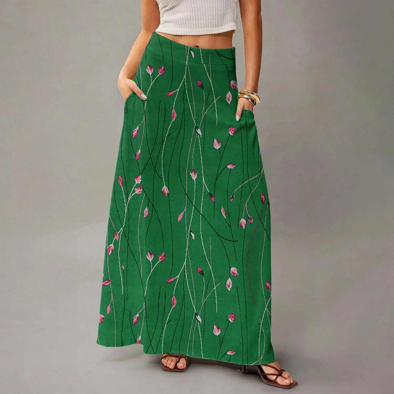 Maxi Floral Skirts for Women Trendy Summer Boho High Elastic Waist Skirts Long Flowy Skorts with Pockets A Line Skirt