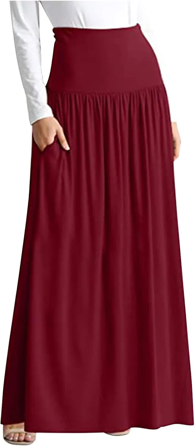 Maxi Skirts for Women Casual High Waisted Ankle Length Long Skirt Flowy Swing Pleated A-Line Skirt with Pockets