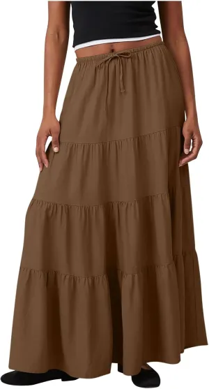 Maxi Skirts for Women Tiered Long Skirts High Waisted Pleated A Line Skirt Flowy Elastic Waist Skirt with Drawstring