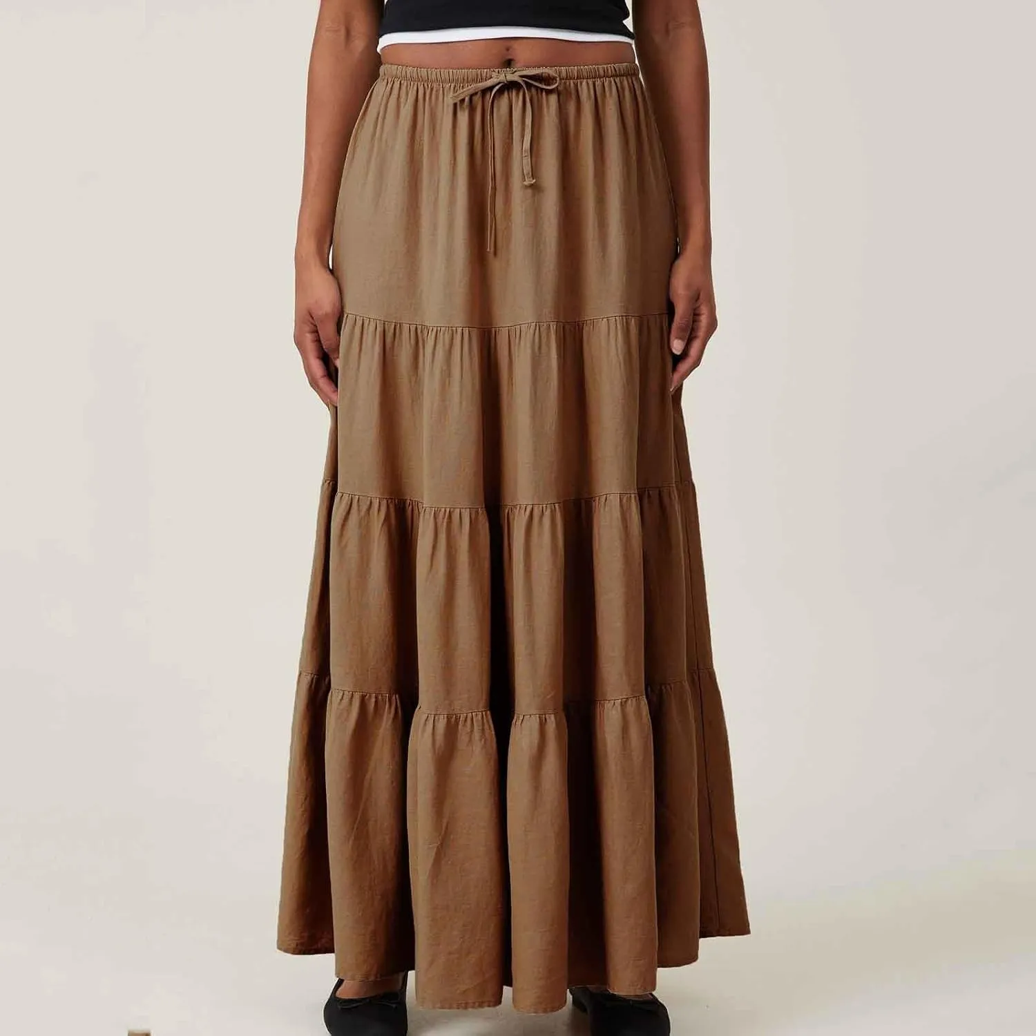 Maxi Skirts for Women Tiered Long Skirts High Waisted Pleated A Line Skirt Flowy Elastic Waist Skirt with Drawstring