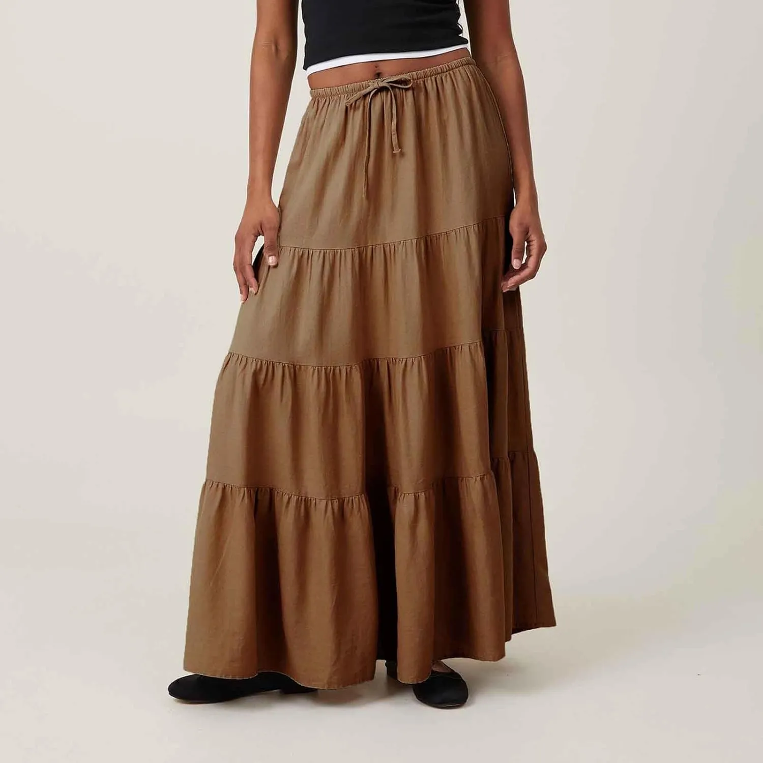 Maxi Skirts for Women Tiered Long Skirts High Waisted Pleated A Line Skirt Flowy Elastic Waist Skirt with Drawstring
