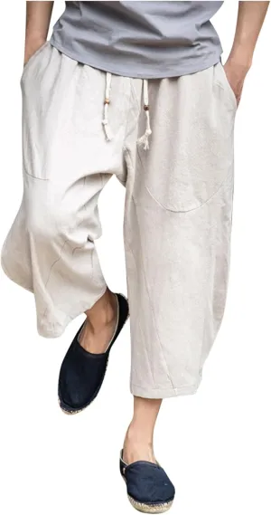 Mens Casual Linen Pants Below Knee Relaxed Fit Wide Leg Baggy Trousers Elastic Waistband Capri Comfy Gym Pants