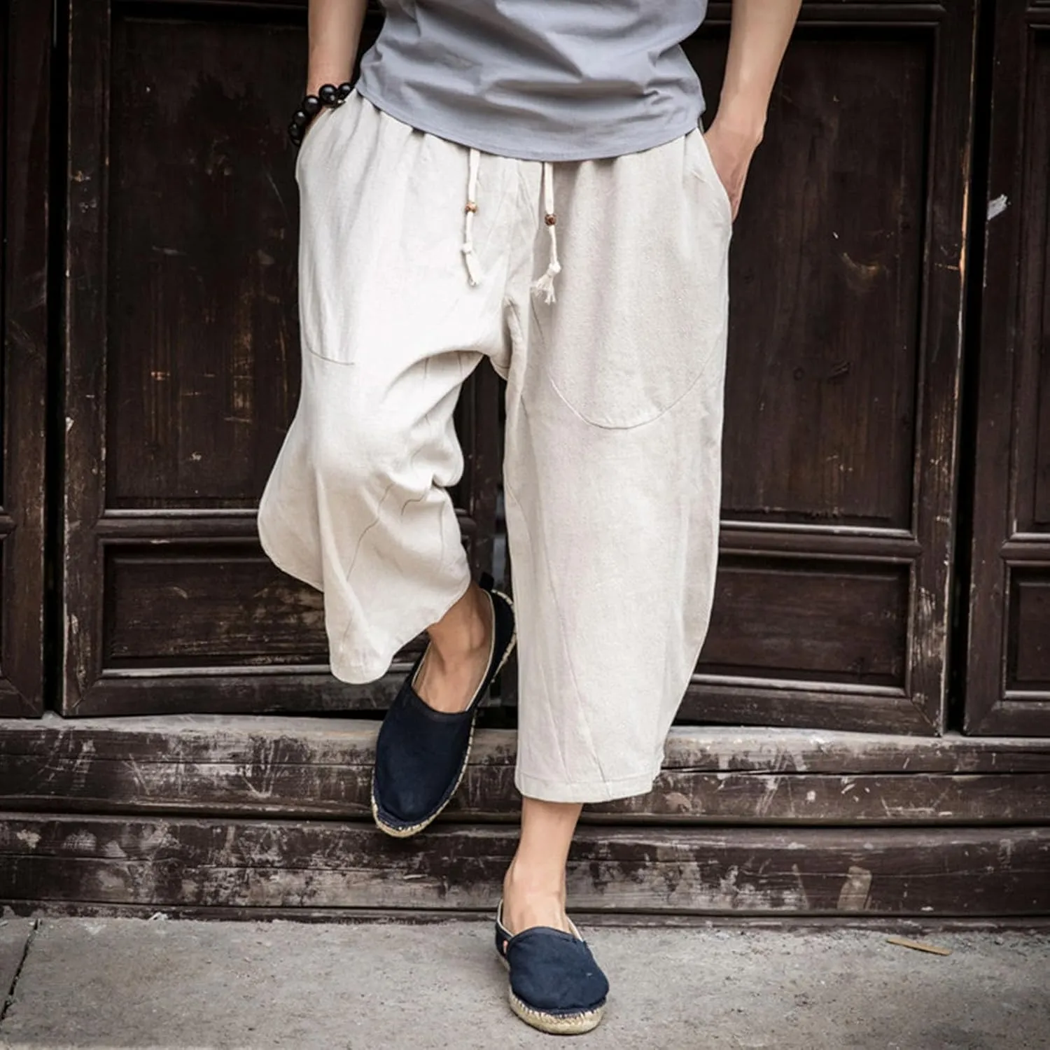 Mens Casual Linen Pants Below Knee Relaxed Fit Wide Leg Baggy Trousers Elastic Waistband Capri Comfy Gym Pants