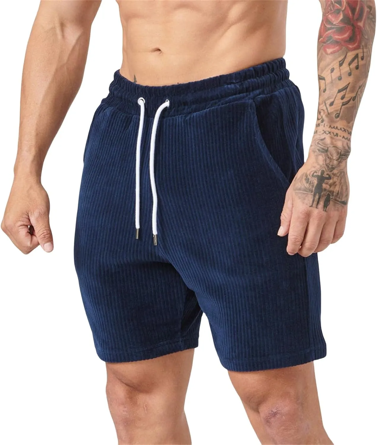 Men's Corduroy Athletic Shorts Gym Workout Drawstring Shorts Slim Fit Elastic Waist Pants Casual Running Sweat Pants