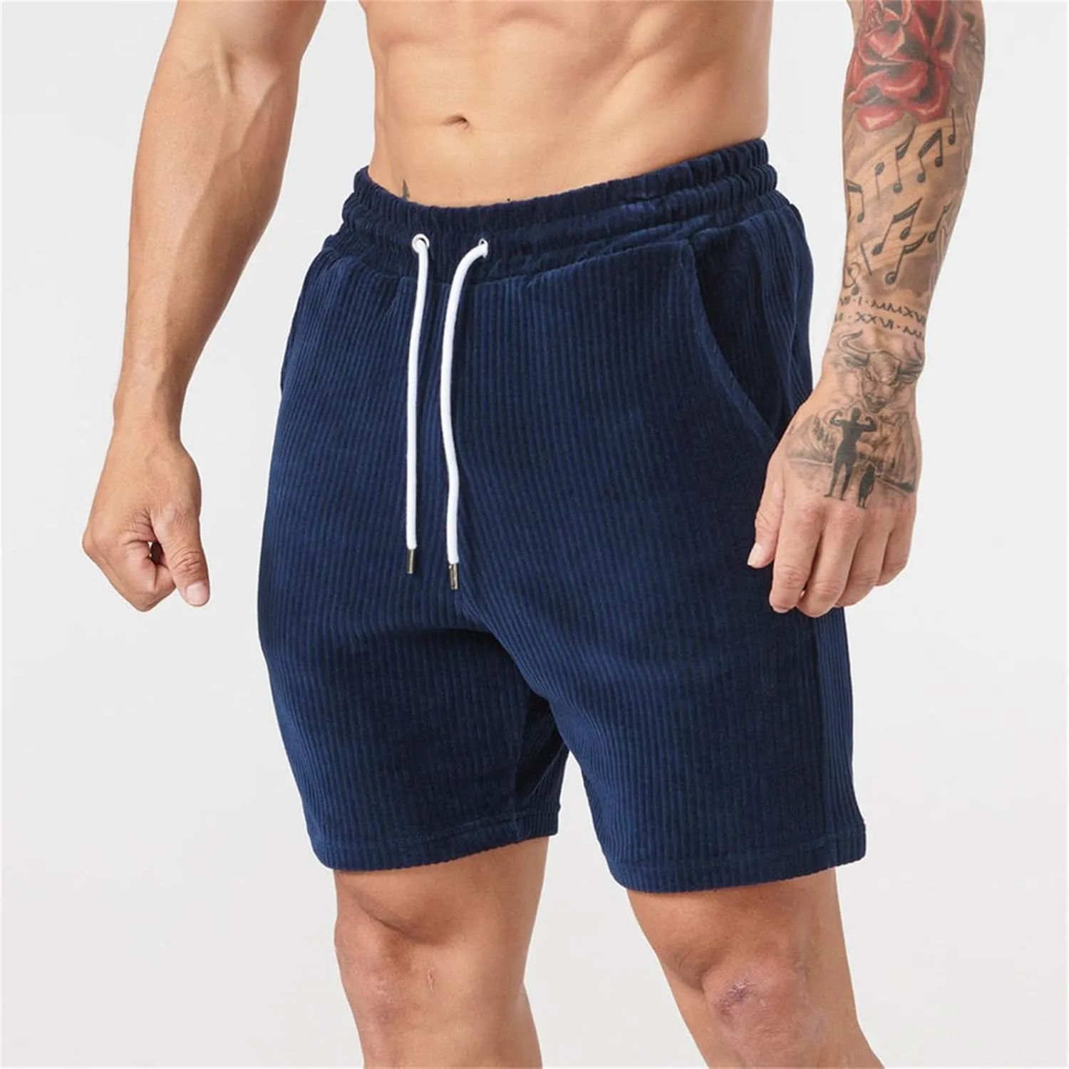 Men's Corduroy Athletic Shorts Gym Workout Drawstring Shorts Slim Fit Elastic Waist Pants Casual Running Sweat Pants