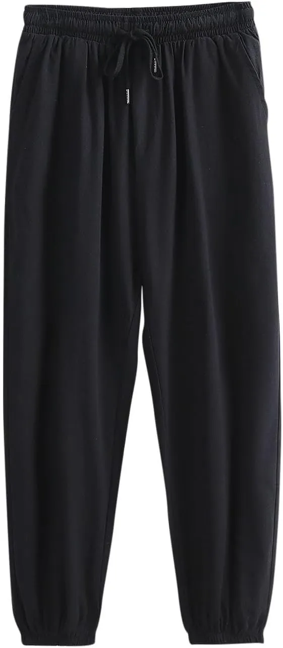 Mens Cotton Linen Pants Plus Size Loose Fit Comfy Exercise Jogger Pant Casual Solid Elastic Waist Drawstring Trouser