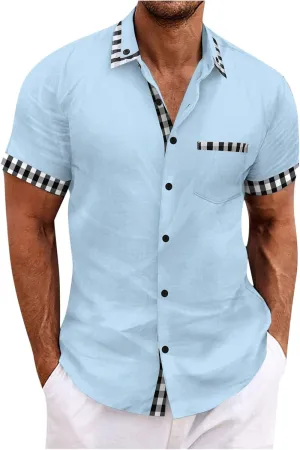 Men's Cotton Linen Short Sleeve Button Down Collared Tops Casual Striped Color Block Summer Vacation Beach Shirts