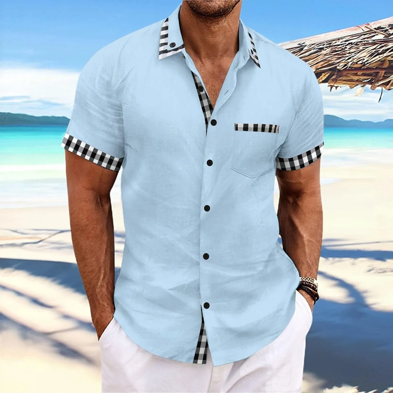 Men's Cotton Linen Short Sleeve Button Down Collared Tops Casual Striped Color Block Summer Vacation Beach Shirts