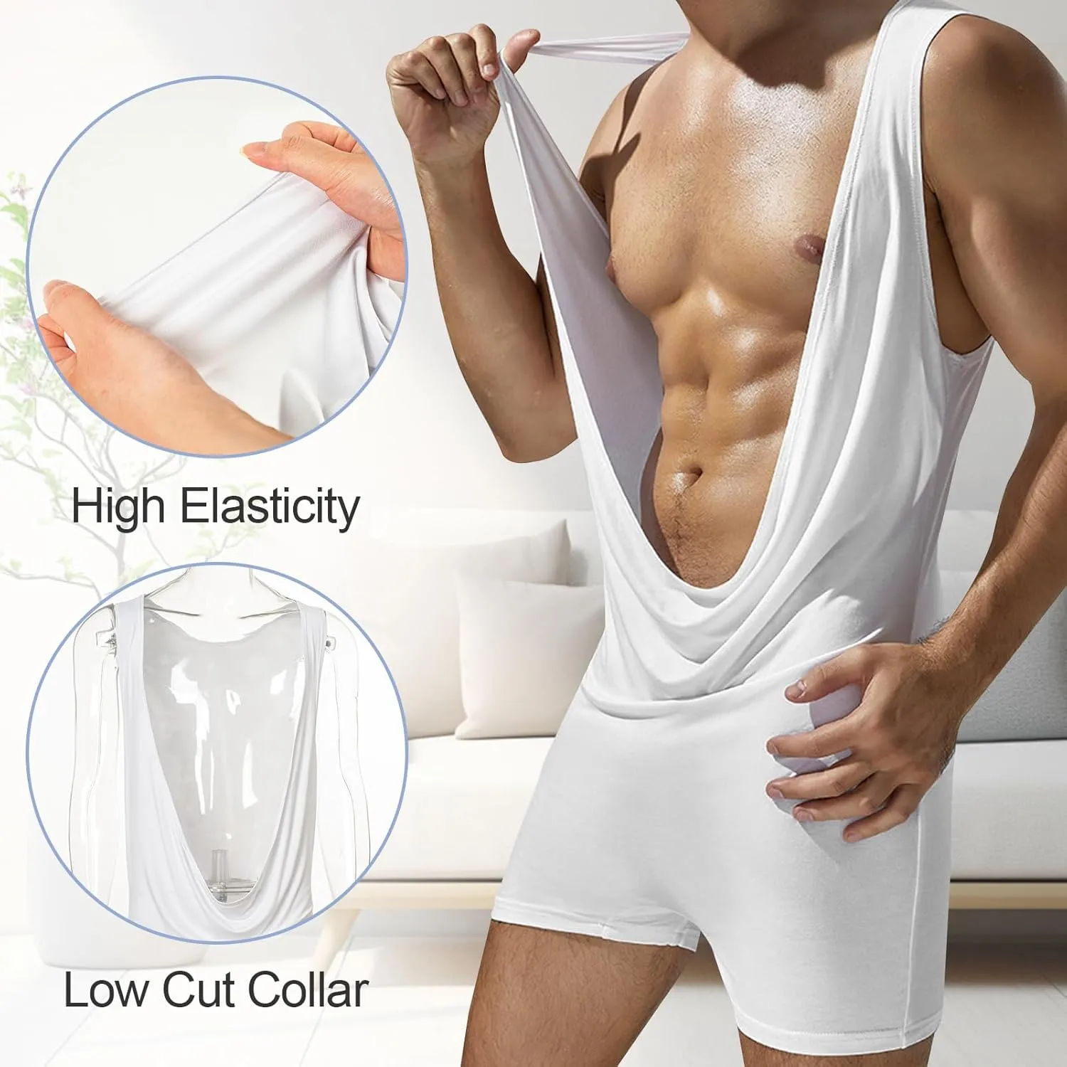 Mens Deep V-neck Leotard Boxers Shapewear Bodysuits