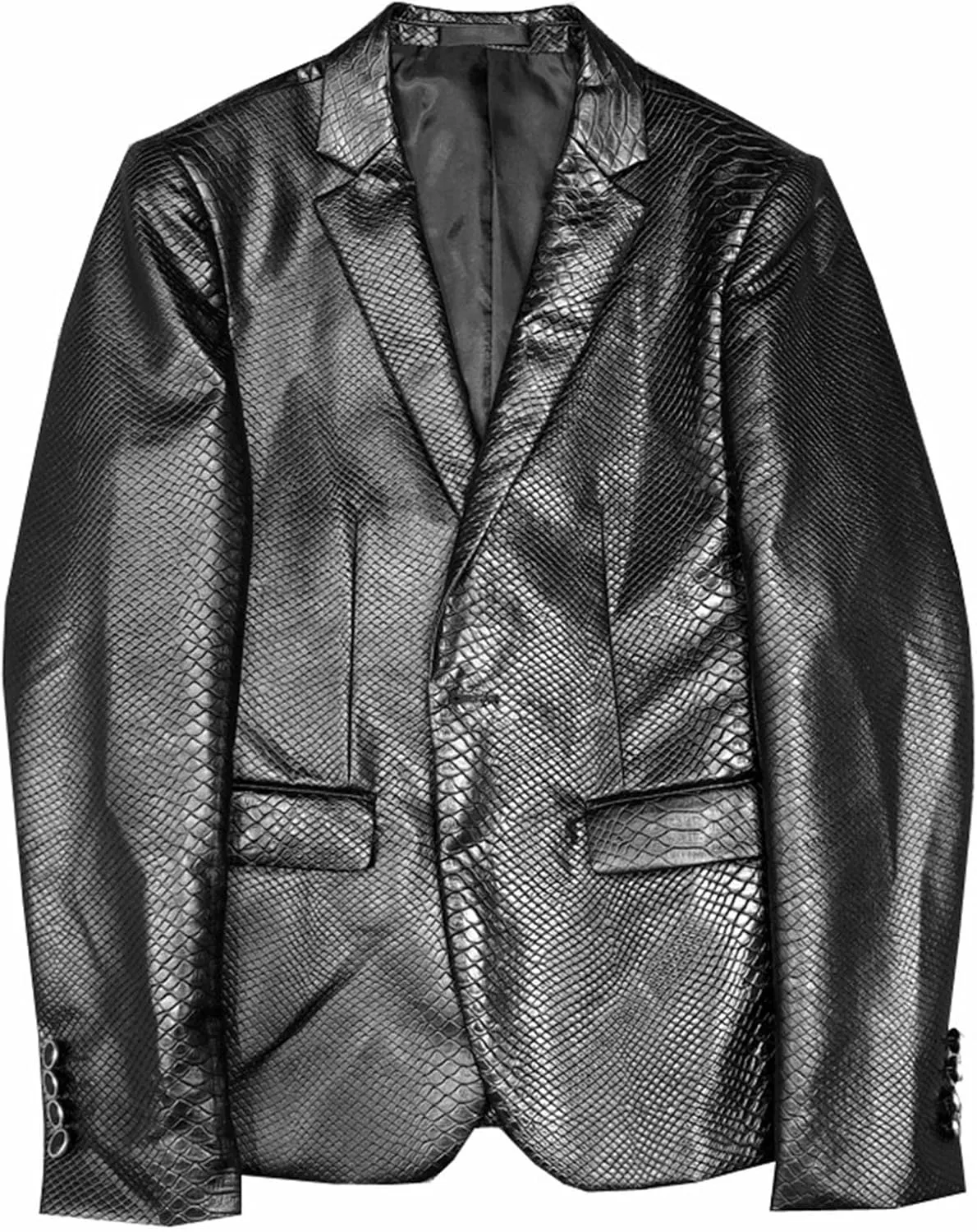 Men's Faux Leather Suit Jacket Snake Pattern Blazer Casual Plus Size Black Jacket 1 Button Notched Lapel Slim Fit Suit