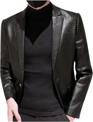Men's Faux Leather Suit Jacket Snake Pattern Blazer Casual Plus Size Black Jacket 1 Button Notched Lapel Slim Fit Suit